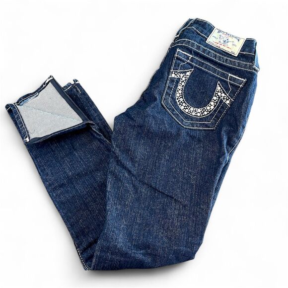 True Religion Stella Skinny Jeans Dark Wash Rhinestone Pockets Size 29 - Picture 1 of 15